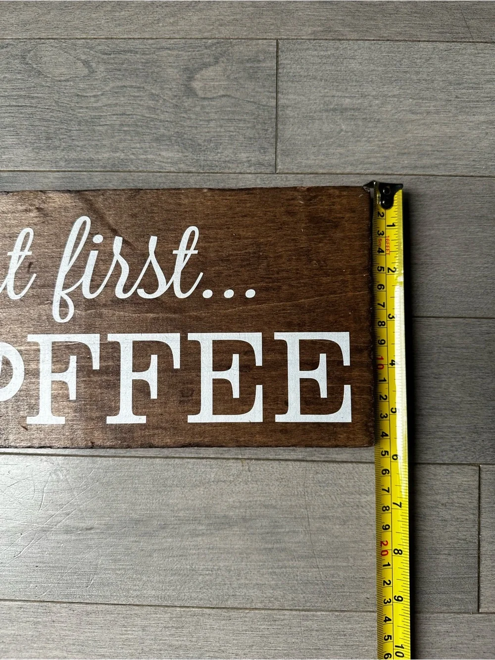 Wooden Rustic Farmhouse But First Coffee Stained Hanging Shelf Kitchen Sign